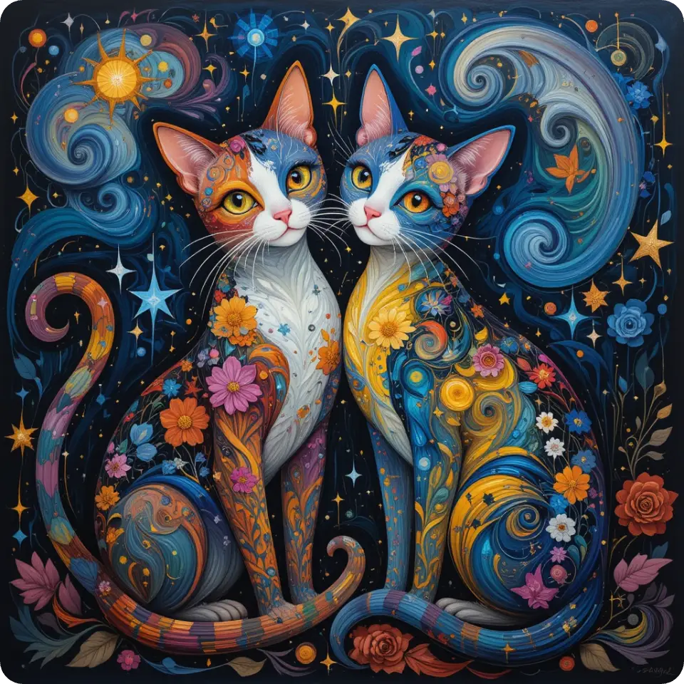 Two colorful painted cats surrounded by swirling stars and flowers