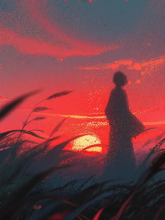 Silhouette walking through tall grass against a glowing red sunset